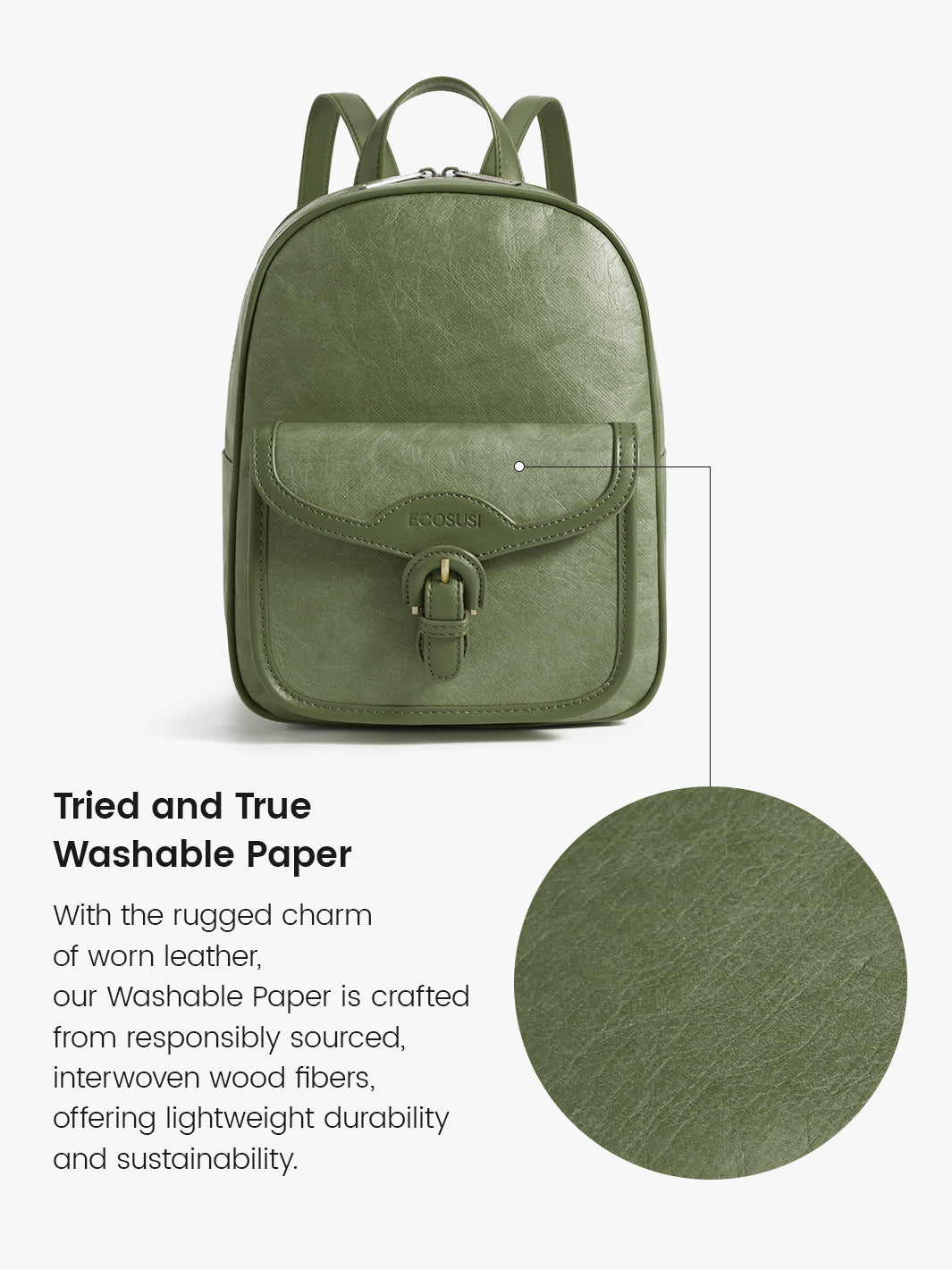 Evelina Vegan Backpack - Recycled Washable Paper for Work, Gym, and Casual Outings-Olive Green